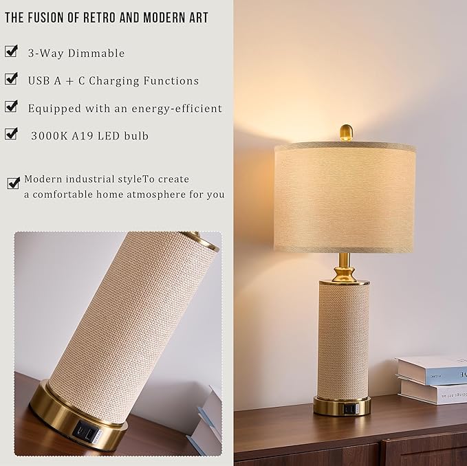 25.5"Boho Weaving Gold Large Table Lamps Set of 2, Touch Control 3-Way Dimmable Farmhouse Bedside Lamps with USB A+C Charging Ports for Living Room/Bedroom/Office-with (2 LED Bulbs Included)