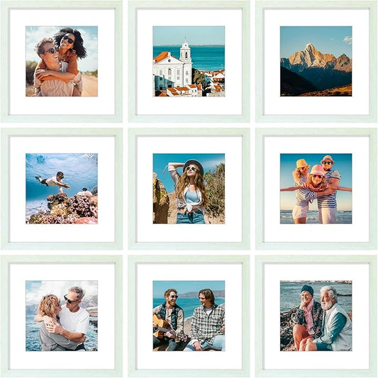Vittanly 12x12 Picture Frames Set of 9, Shatter Resistant Plexiglass, Display 8x8 Pictures with Mat or 12x12 without Mat, Photo Frames for Wall Mount, Engineered Wood, Vintage Green