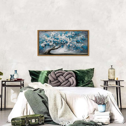 Blue Tree of Life Wall Art Framed Bedroom Decor Abstract White Daisy Flower Picture for Living Room Colorful Botanical Canvas Print Nature Floral Painting Modern Artwork Bathroom Home Decoration 20x40