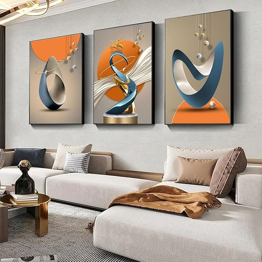 3 Pcs Modern Abstract Canvas Wall art Golden Deer Luxury Foil Lines Paintings Pictures Wall Decor White Blue orange color Grey posters Prints for Living Room Bedroom Office Home Decoration Unframed