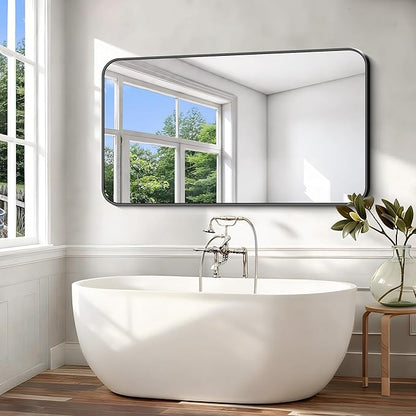 Black Bathroom Mirror, 66x36 inch Aluminum Metal Frame Rectangular Vanity Mirror, Large Wall Mounted Rectangle Mirrors with Rounded Corner for Over Sink Bedroom Living Room Horizontal/Vertical