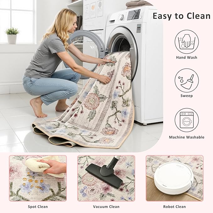Maxsoft 4x6 Area Rugs for Living Room Bedroom, Floral Vintage Large Rug with Rubber Backing: Soft Non-Slip and Washable Low Pile Throw Carpet for Dining Room Kitchen Home Decor, Pink