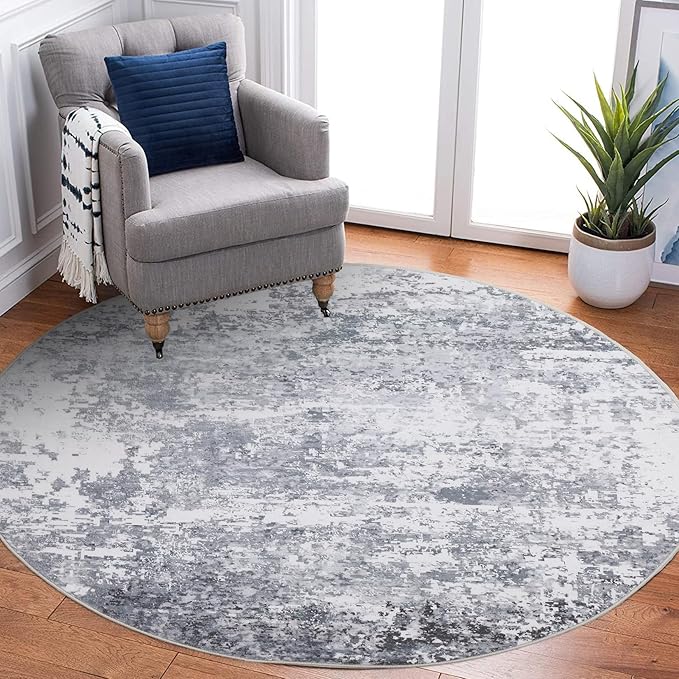ROYHOME Modern Abstract 8x8 Round Area Rug Non Slip Non Shedding Rug Low Pile Stain Resistant for Bedroom Living Room Office Dining Room,Light Grey