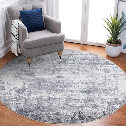 ROYHOME Modern Abstract 8x8 Round Area Rug Non Slip Non Shedding Rug Low Pile Stain Resistant for Bedroom Living Room Office Dining Room,Light Grey
