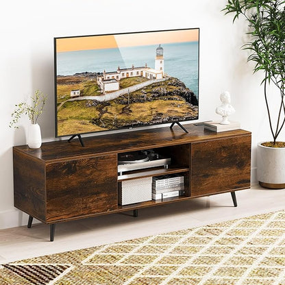 Tangkula TV Stand for 60" TVs, Entertain Center w/Power Outlets, Mid Century Modern Media Console Table w/Adjustable Shelf, 2 Cabinets & Metal Support Legs for Living Room Bedroom (Rustic Brown)