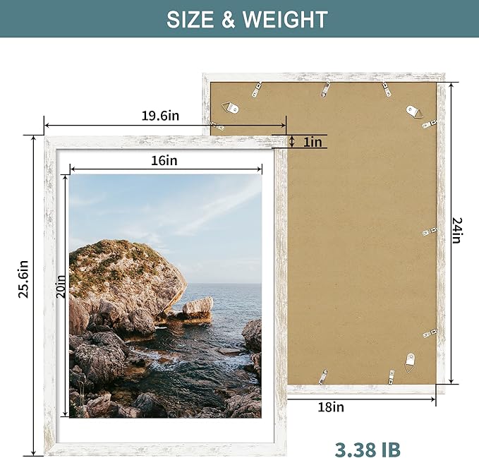iRahmen 18x24 Poster Frame with 16x20 Mat - Plexiglass Wooden Picture Frames for Photo Wall Gallery Mounting (Distressed-White, Set of 2)