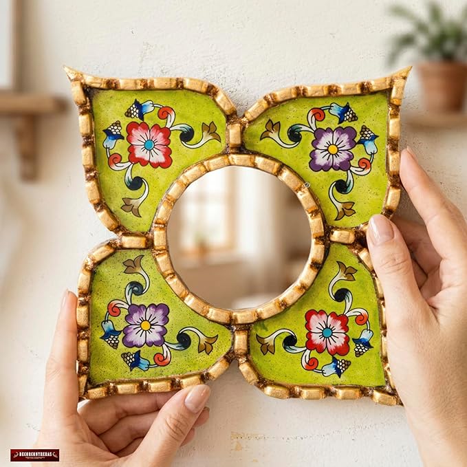 Small Green Peruvian Mirrors for wall Holiday – Diamond/Square Shape wall Artisan Mirror in Painted Glass with Gold Leaf Frame (Lime Green)