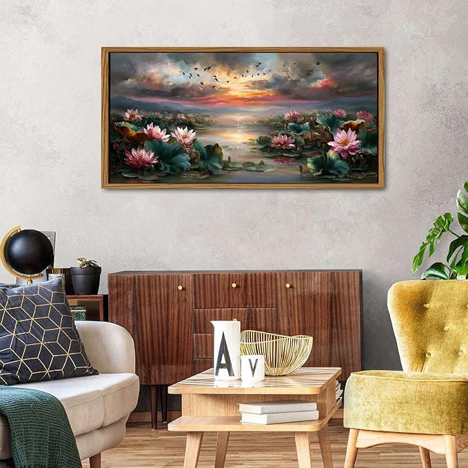 Framed Lotus Flower Decor Zen Wall Art Vintage Pink Floral Pictures Rustic Blooming Botanical Canvas Prints Farmhouse Wildflower Painting Dusk Artwork for Bedroom Living Room Home Decoration 24x48