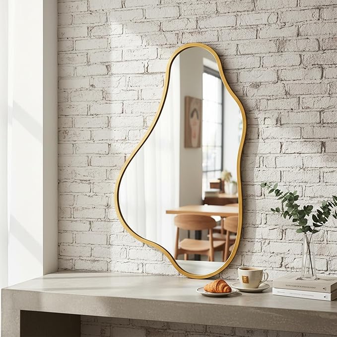 ZIYOO 32x18 Inch Irregular Wall Mirror, Vertical Wavy Design, Gold Asymmetrical Metal Frame Decorative Mirror for Living Room, Bedroom, Entryway, Hallway (Gold Metal,32" x 18")