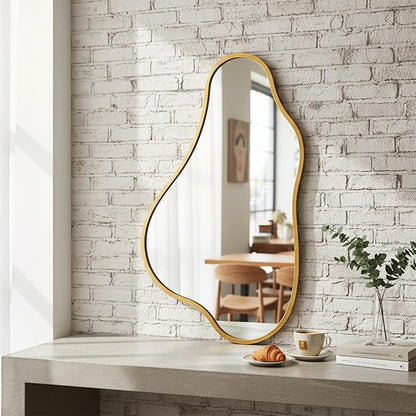 ZIYOO 32x18 Inch Irregular Wall Mirror, Vertical Wavy Design, Gold Asymmetrical Metal Frame Decorative Mirror for Living Room, Bedroom, Entryway, Hallway (Gold Metal,32" x 18")