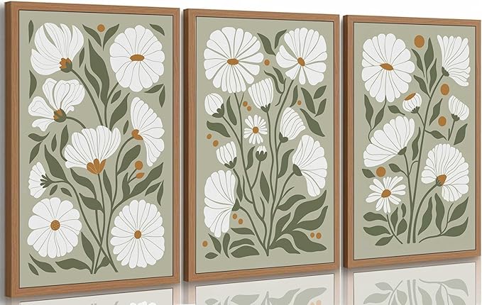 3Pcs Boho Wildflowers Canvas Wall Art Sage Green Bohemia Abstract Floral Botanical Painting Picture Wall Decor Poster Print Artwork for Living Room Bedroom Bathroom Home Decoration Unframed