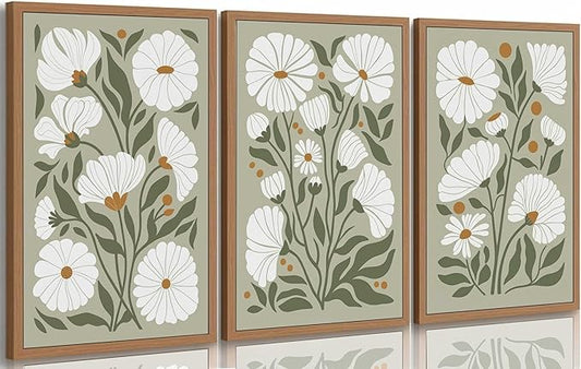 3Pcs Boho Wildflowers Canvas Wall Art Sage Green Bohemia Abstract Floral Botanical Painting Picture Wall Decor Poster Print Artwork for Living Room Bedroom Bathroom Home Decoration Unframed