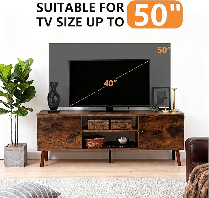 PayLessHere TV Stand for 55/60 Inch TVs,Modern Media Console with 2 Storage Cabinets and Open Shelves,Entertainment Center for Living Room, Bedroom,Brown