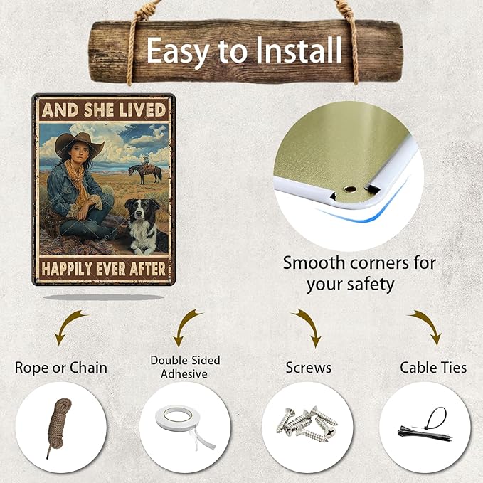 Cowgirl Metal Tin Signs and She Lived Happily Ever After Decorative Poster Wall Art Decoration for Home Bar Club Coffee shop 16x12 Inch