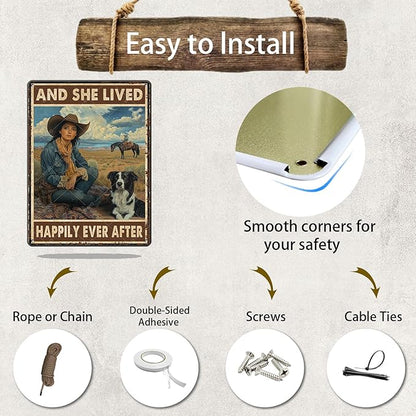 Cowgirl Metal Tin Signs and She Lived Happily Ever After Decorative Poster Wall Art Decoration for Home Bar Club Coffee shop 16x12 Inch