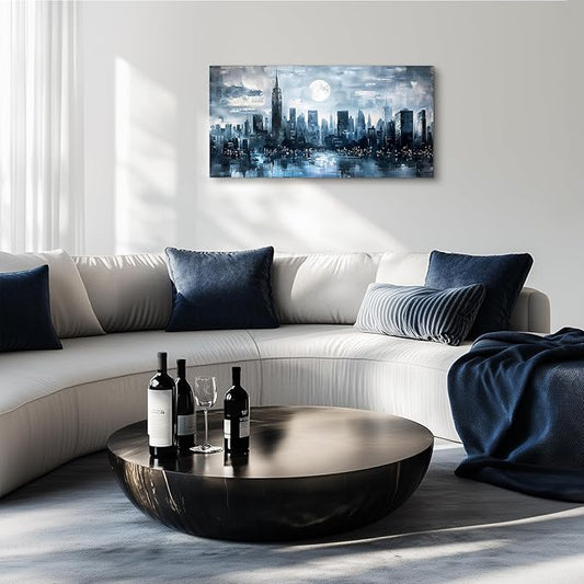 SERIMINO New York City Wall Art, Modern Urban Abstract Large Artwork, Moon Night Landscape Canvas Painting, Blue Impressionist Pictures Wall Decor Living Room Bedroom, Office Art Prints 20X40 Inch