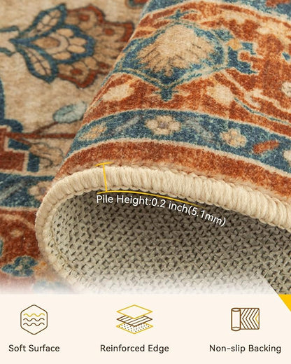 RELEANY Area Rugs 3'x5' Washable Non-Slip, Floral Vintage Distress Print Pattern Medallion Carpet for Living Room Bedroom Dining Room, Red Orange Blue Brown