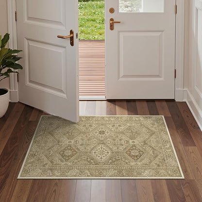 Bavni 2x3 Entryway Rug for Front Door Bathroom, Washable Vintage Print Carpet, Low Pile Lightweight Rug with Non Slip Backing, Light Brown