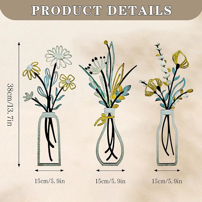 3-Piece Boho Wooden Vase Wall Art: Floral Decor for Modern Farmhouse Living Room, Bedroom & Bathroom