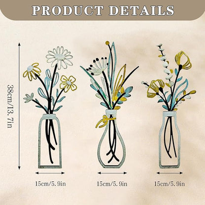 3-Piece Boho Wooden Vase Wall Art: Floral Decor for Modern Farmhouse Living Room, Bedroom & Bathroom