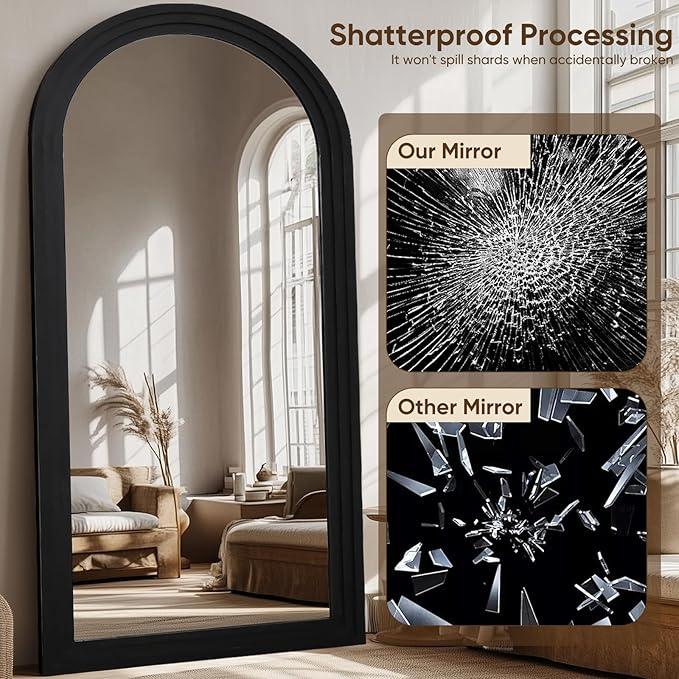 Full Length Mirror, 76"x34" Wooden Mirror Full Length with Stand Wood Floor Mirror, Oversized Stand Up Mirrors Large Wall Mirrors, Wall Mounted Mirrors, Arched Wood Style, Black