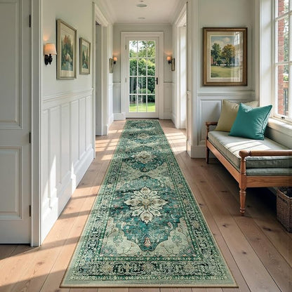 RELEANY Area Rugs 2'6"x14' Runner Rug Non Slip Washable for Kitchen Hallway Bedroom Beside Laundry Room Bathroom Rug, Floor Carpet, Dark Blue Vintage