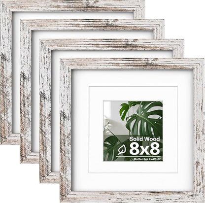 Egofine 8x8 Picture Frame Made of Solid Wood with Plexiglass Set of 4, Display Pictures 4x4/6x6 with Mat or 8x8 Without Mat for Tabletop and Wall Mounting, Rustic White