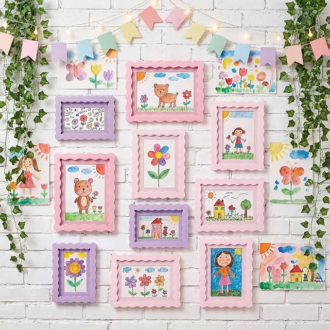 Wonderjune 10 Pack Colorful Scalloped Picture Frames for Girl Room Decor, 3 Sizes 4x6 5x7 6x8, Collage Gallery Wall Frame Set, Cute Curved Picture Frames for Wall or Desktop Display, Photo Walls