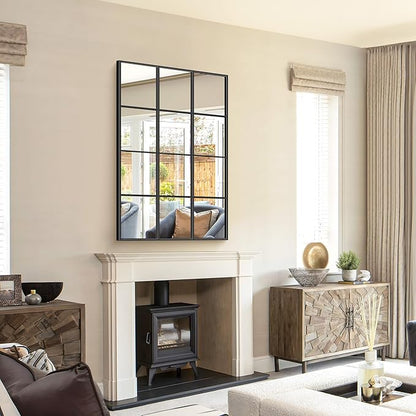 YIROMAN Window Pane Mirror, 30x48 Inch Black Rectangular Mirrors for Wall Mounted Decor, Large Window Metal Framed Mirror for Bedroom Living Room Fireplace Entryway, Hanging or Leaning Against Wall