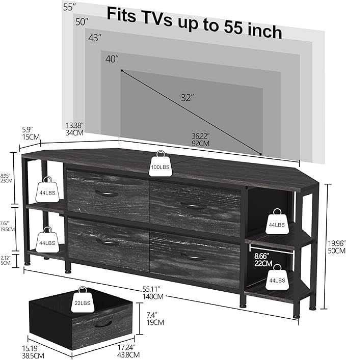 EXOTICA Corner TV Stand for 55 inch TV with Drawer and Charge Station Black Corner Entertainment Center for Living Room Modern Corner Console Table with 4 Open Storage Shelves Metal Frame