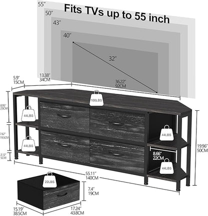 EXOTICA Corner TV Stand for 55 inch TV with Drawer and Charge Station Black Corner Entertainment Center for Living Room Modern Corner Console Table with 4 Open Storage Shelves Metal Frame