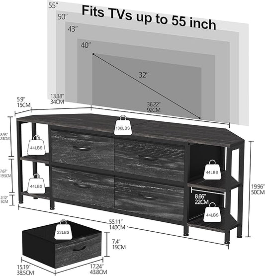EXOTICA Corner TV Stand for 55 inch TV with Drawer and Charge Station Black Corner Entertainment Center for Living Room Modern Corner Console Table with 4 Open Storage Shelves Metal Frame