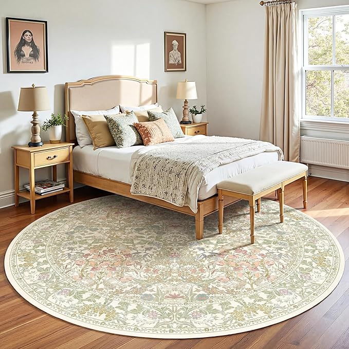 Lunasun Sage Green Large Round Rug for Living Room - 8ft Circle Area Rug for Bedroom, Kids Room, Home Office, Foyer, Non Slip Washable Botanical Floral 8 x 8 Décor