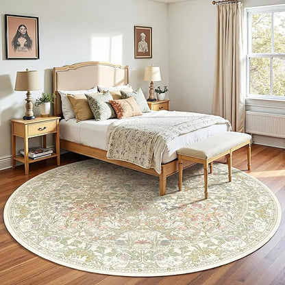 Lunasun Sage Green Large Round Rug for Living Room - 8ft Circle Area Rug for Bedroom, Kids Room, Home Office, Foyer, Non Slip Washable Botanical Floral 8 x 8 Décor