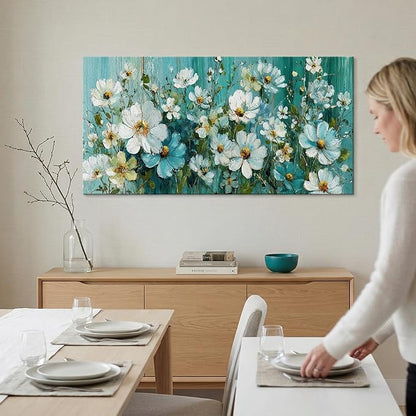 BQVCT White Daisy Floral Wall Art 30x58 Inch Large Gallery Wrapped Canvas Print Turquoise Blue Botanical Painting on Textured Background Ready to Hang for Living Room Bedroom Office Decor