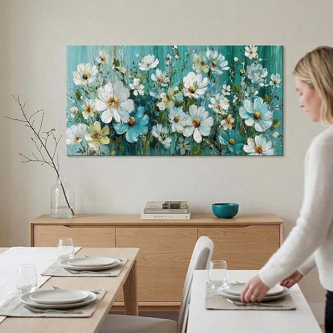 BQVCT White Daisy Floral Wall Art 24x48 Inch Large Gallery Wrapped Canvas Print Turquoise Blue Botanical Painting on Textured Background Ready to Hang for Living Room Bedroom Office Decor