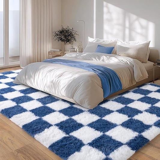 Checkered Rugs for Living Room, 6x9 Blue and White Area Rug for Bedroom Kids Room, Fluffy Shaggy Shag Carpet, Soft Non Slip Aesthetic Decor for Home
