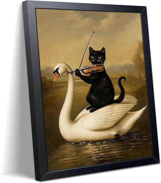 Funny Cat Wall Art Painting, Vintage Black Cat Playing Violin on Swan Wall Decor, Whimsical Animal Canvas Poster Print Picture for Bathroom Bedroom Apartment Decor 12x16 Inch Framed