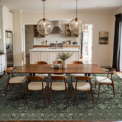 Rugxara 9x12 Area Rugs for Living Room Bedroom, Large Washable Rug, Green Vintage Floral Boho Rug, Non Slip & Low Pile Faux Wool Thin Carpet for Indoor Dining Room and Kids Room(Green 9x12ft)
