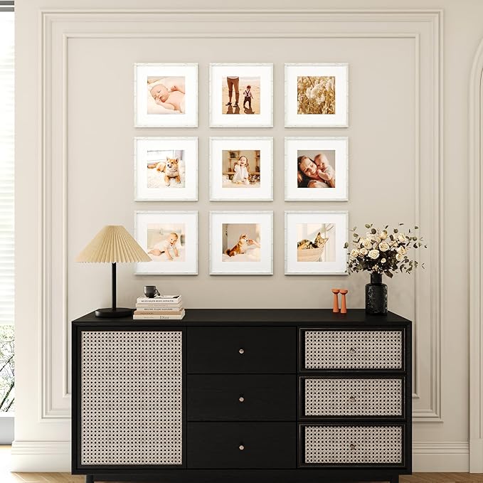 10x10 Picture Frame Set of 9, Display Pictures 8x8 with Mat or 10x10 without Mat, Multi Collage Gallery Square Photo Frames for Wall or Tabletop, Distressed White