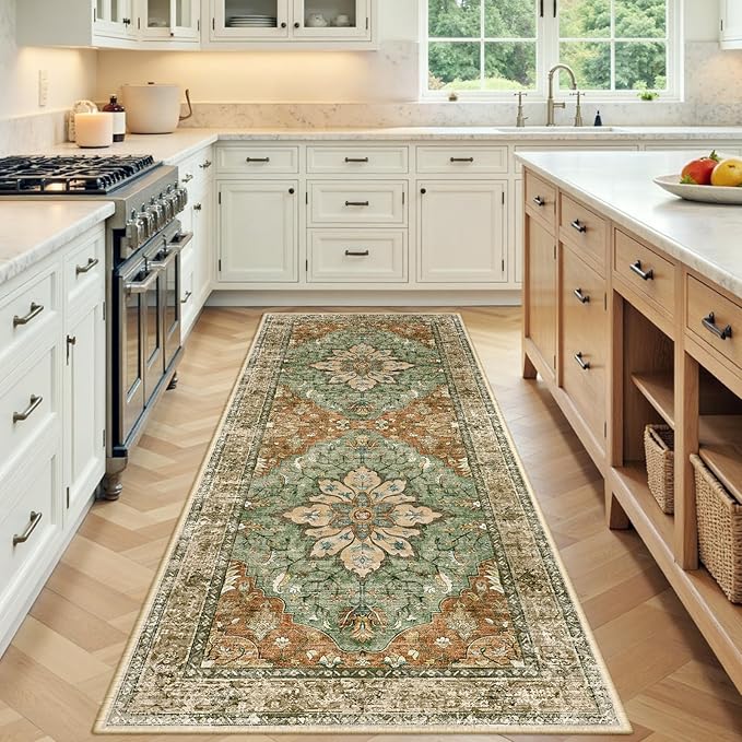 RELEANY Area Rugs 3'x8' Runner Rug Non Slip Washable for Kitchen Hallway Bedroom Beside Laundry Room Bathroom Rug, Floor Carpet, Brick Red Rust Neutral Brown Burnt Orange Green
