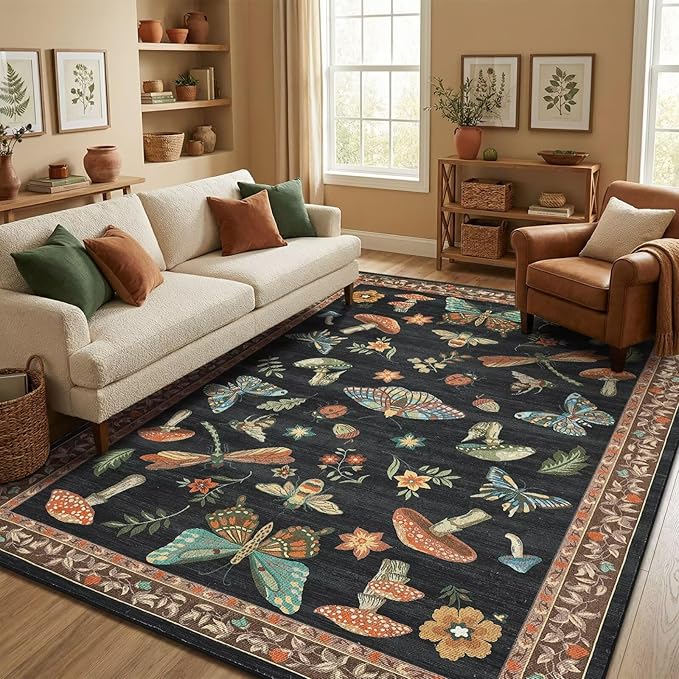 ROYHOME Mushroom Washable Rugs 5x7 for Living Room Low-Pile Whimsical Cottage Core Insect Bug Butterfly Funky Dark Gothic Decor for Bedroom Nursery Dining Room Black Brown