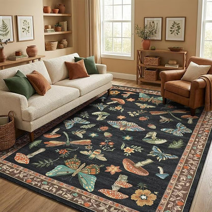 ROYHOME Mushroom Washable Rugs 5x7 for Living Room Low-Pile Whimsical Cottage Core Insect Bug Butterfly Funky Dark Gothic Decor for Bedroom Nursery Dining Room Black Brown