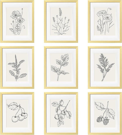 eletecpro 11x14 Picture Frames Set of 9 Modern Gallery Wall Frame Set, Displays 8x10 Photos with Mat or 11x14 No Mat, Gold Picture Frames Collage Wall Decor for Home Decor