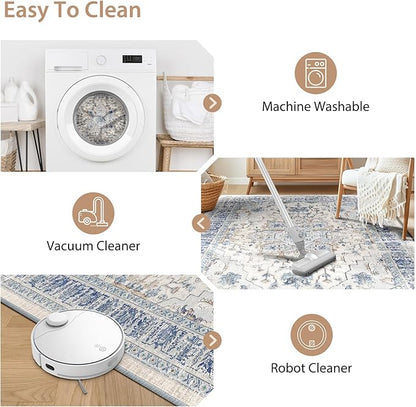 BESTSWEETIE 4x6 Area Rug Washable Rugs for Living Room, No Pile Boho Carpet for Entryway Bedroom Dinning Room, Vintage Carpet Print Distressed Non-Slip, 4 x 6 ft, Beige Blue