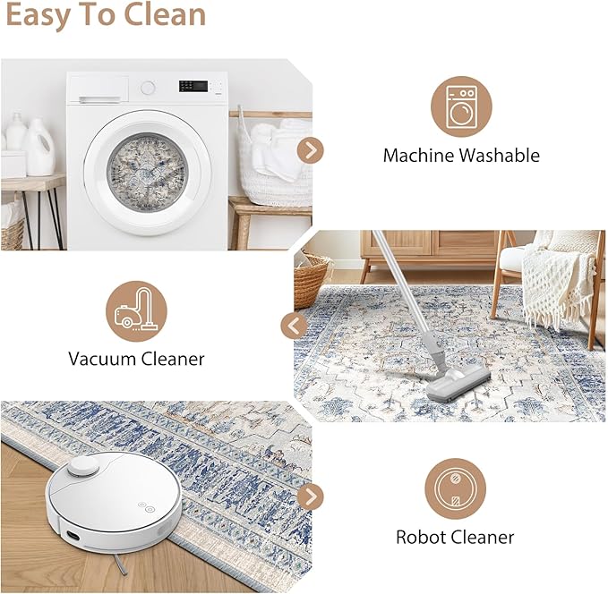 BESTSWEETIE 8x10 Area Rug Washable Rugs for Living Room, No Pile Boho Carpet for Entryway Bedroom Dinning Room, Vintage Carpet Print Distressed Non-Slip, 8 x 10 ft, Beige Blue