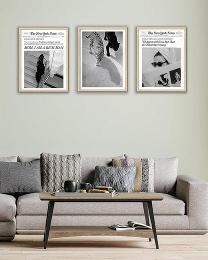 EcoHest Small Cheetah and Jaguar Walking Framed Wall Art, 8x10 in OAK Wood Vintage Black and White Funny Bathroom Canvas Art, Fashion 1950s Poster Decor, Set of 1 for Bedroom Living Room