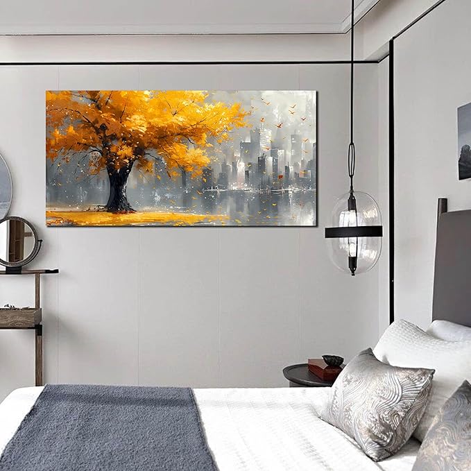 Large Yellow Tree Canvas Wall Art for Living Room Yellow and Grey Tree of Life Wall Art for Bedroom Office Modern Framed Canvas Prints Size 29x59