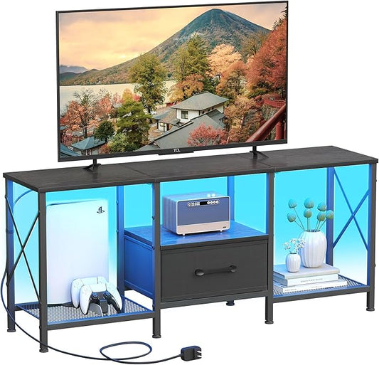 JARHETUN LED TV Stand with Fabric Drawer, Entertainment Center for 50 55 Inch TV, Industrial TV Console Table with Open Storage Shelves for Living Room, Bedroom, Black