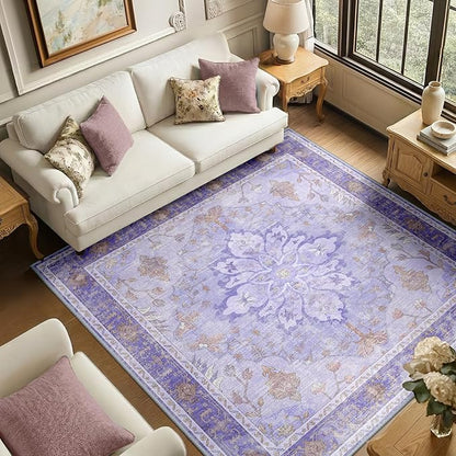 RELEANY Area Rugs Square 6ft Washable Non-Slip, Floral Vintage Distress Print Pattern Medallion Carpet for Living Room Bedroom Dining Room, Light Purple Brown